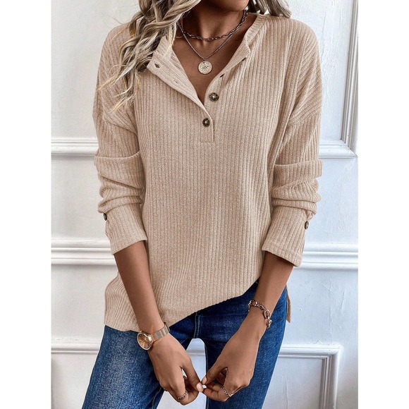 preppy Half Button Drop Shoulder ribbed Knit long sleeve Tee - Picture 11 of 11